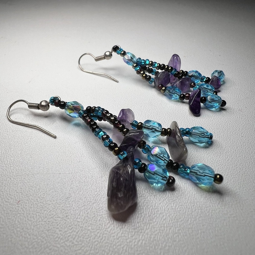 Vtg Dangle Earrings Purple Stones, Aqua Glass Beads, Seed Beads 3 Strand Cascade